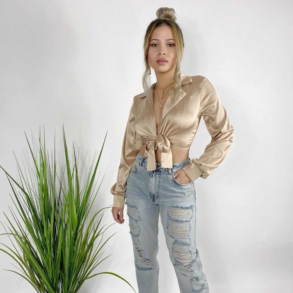 Satin tie front blouse